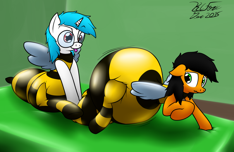 Size: 1791x1162 | Tagged: questionable, artist:the-furry-railfan, derpibooru import, oc, oc:minty candy, oc:twintails, unofficial characters only, pegasus, pony, unicorn, :p, adult foal, bee costume, bumblebee, clothes, diaper, diaper fetish, diaper inflation, fake wings, glasses, inflatable diaper, inflatable toy, inflation, mattress, poofy diaper, pump, raised hoof, rubber suit, shiny, tongue out, worried