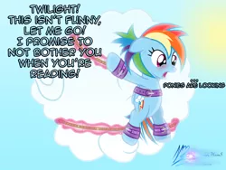 Size: 8000x6000 | Tagged: suggestive, artist:nightmaremoons, derpibooru import, rainbow dash, pegasus, pony, absurd resolution, alternate hairstyle, blushing, bondage, bondage cuffs, bondage gear, bound wings, cloud, cuffs, dashsub, female, femsub, implied twilight sparkle, magic, offscreen character, public humiliation, punishment, rainbond dash, rope, solo, solo female, submissive, sweatdrop, tied up