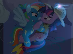 Size: 8000x6000 | Tagged: safe, artist:nightmaremoons, derpibooru import, daring do, rainbow dash, twilight sparkle, twilight sparkle (alicorn), alicorn, pegasus, pony, absurd resolution, alternate hairstyle, bed, bedroom eyes, boop, clothes, cosplay, costume, female, lesbian, looking at each other, mare, night, noseboop, roleplaying, shipping, show accurate, side, snuggling, twidash, wingboner, wonderbolts uniform