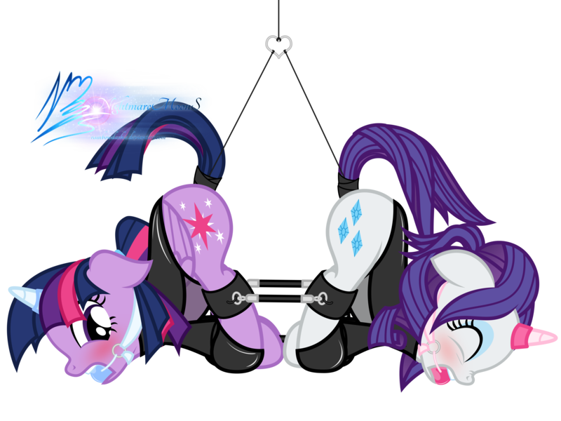 Size: 6000x4500 | Tagged: suggestive, artist:nightmaremoons, derpibooru import, rarity, twilight sparkle, twilight sparkle (alicorn), alicorn, pony, unicorn, absurd resolution, alternate hairstyle, ballgag, blushing, bondage, bondage cuffs, bondage gear, bound together, cuffs, duo, duo female, eyes closed, face down ass up, female, females only, femsub, gag, horn cap, horn ring, latex, latex suit, magic suppression, mare, rarisub, show accurate, show accurate porn, simple background, submissive, suspended, tail holder, tail wrap, transparent background, twisub