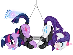 Size: 6000x4500 | Tagged: suggestive, artist:nightmaremoons, derpibooru import, rarity, twilight sparkle, twilight sparkle (alicorn), alicorn, pony, unicorn, absurd resolution, alternate hairstyle, ballgag, blushing, bondage, bondage cuffs, bondage gear, bound together, cuffs, duo, duo female, eyes closed, face down ass up, female, females only, femsub, gag, horn cap, horn ring, latex, latex suit, magic suppression, mare, rarisub, show accurate, show accurate porn, simple background, submissive, suspended, tail holder, tail wrap, transparent background, twisub