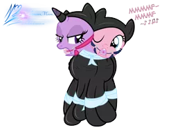 Size: 6000x4500 | Tagged: suggestive, artist:nightmaremoons, derpibooru import, pinkie pie, twilight sparkle, twilight sparkle (alicorn), alicorn, earth pony, pony, absurd resolution, ballgag, bondage, bound together, catsuit, conjoined suit, cutie mark ballgags, duo, duo female, female, females only, gag, horn cap, horn ring, latex, latex suit, magic suppression, mare, muffled moaning, shared clothing, show accurate, show accurate porn, simple background, transparent background