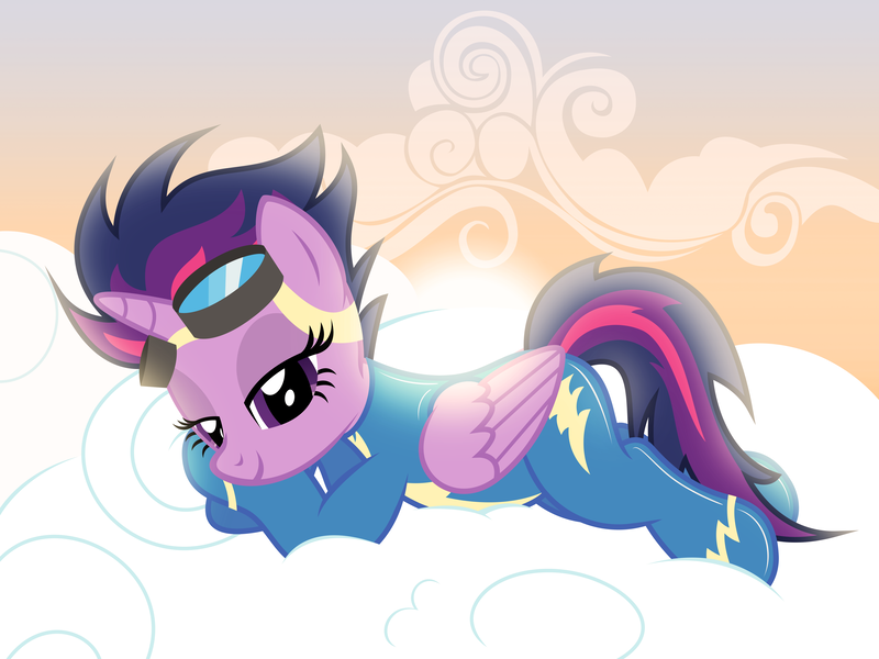 Size: 6000x4500 | Tagged: safe, artist:nightmaremoons, derpibooru import, twilight sparkle, twilight sparkle (alicorn), alicorn, pony, absurd resolution, alternate hairstyle, bedroom eyes, cloud, female, goggles, latex, latex suit, mare, prone, solo, sunset, wonderbolts uniform