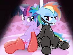 Size: 6000x4500 | Tagged: suggestive, artist:nightmaremoons, derpibooru import, rainbow dash, twilight sparkle, twilight sparkle (alicorn), alicorn, pegasus, pony, absurd resolution, alternate hairstyle, bedroom eyes, bit gag, bodysuit, bondage, bondage cuffs, bondage gear, clothes, cuffs, dashsub, female, females only, femsub, gag, latex, latex socks, latex suit, lesbian, mare, pole, shipping, show accurate, show accurate porn, socks, spotlight, spreader bar, submissive, twidash, twidom