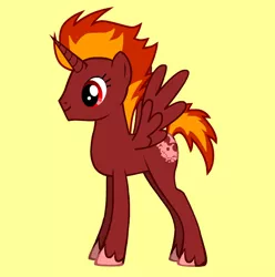 Size: 544x548 | Tagged: safe, artist:anoninchains, derpibooru import, oc, oc:flaming claw, unofficial characters only, alicorn, pony, pony creator, alicorn oc, gary stu, male, mary sue, profile, simple background, smiling, solo, spread wings, stallion, unshorn fetlocks, wings, yellow background
