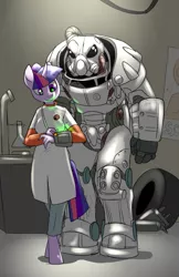 Size: 699x1076 | Tagged: safe, artist:metal-kitty, derpibooru import, twilight sparkle, anthro, unguligrade anthro, unicorn, clothes, crossover, fallout, fallout 4, lab, lab coat, pipboy, power armor, powered exoskeleton, scientist, the institute, tire, x-01 power armor