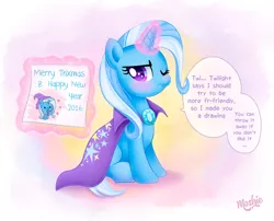 Size: 1280x1032 | Tagged: safe, artist:imoshie, derpibooru import, trixie, pony, unicorn, blushing, bronybait, clothes, cute, dialogue, diatrixes, doodle, drawing, female, glowing horn, happy new year, happy new year 2016, hat, heart, holiday, horn, levitation, magic, magic aura, mare, one eye closed, paper, solo, speech, speech bubble, telekinesis, trixie's cape, trixie's hat, tsundere, tsunderixie, upset, wingding eyes