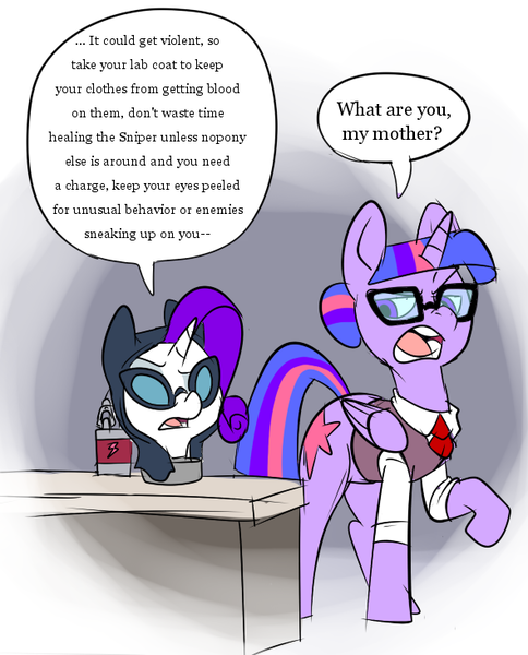 Size: 591x732 | Tagged: safe, artist:metal-kitty, derpibooru import, rarity, twilight sparkle, twilight sparkle (alicorn), alicorn, pony, crossover, dialogue, disembodied head, female, glasses, mare, rarispy, spy, team fortress 2, twi medic