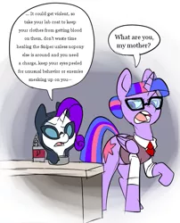 Size: 591x732 | Tagged: safe, artist:metal-kitty, derpibooru import, rarity, twilight sparkle, twilight sparkle (alicorn), alicorn, pony, crossover, dialogue, disembodied head, female, glasses, mare, rarispy, spy, team fortress 2, twi medic