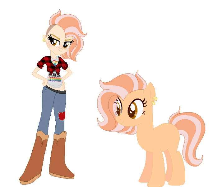 Size: 719x630 | Tagged: safe, artist:iesbeans, derpibooru import, oc, oc:sunrise spark, unofficial characters only, equestria girls, equestria girls-ified, human ponidox, humanized, magical lesbian spawn, offspring, parent:applejack, parent:sunset shimmer, parents:appleshimmer, piercing, simple background, white background