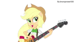 Size: 640x360 | Tagged: safe, artist:brunoprower500, derpibooru import, applejack, equestria girls, bass guitar, musical instrument, ponied up, simple background, transparent background