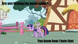 Size: 1200x675 | Tagged: safe, derpibooru import, edit, edited screencap, screencap, spike, twilight sparkle, dragon, pony, unicorn, feeling pinkie keen, annoyed, caption, dragons riding ponies, duo, female, grumpy twilight, image macro, male, mare, meme, riding, unhappy, unicorn twilight