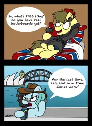 Size: 1748x2389 | Tagged: safe, artist:bobthedalek, derpibooru import, oc, oc:kettle master, oc:tilly towell, unofficial characters only, earth pony, pony, alcohol, australia, bed, beer, british, clothes, comic, dressing gown, fez, food, foster, hat, mobile, not time travel, sydney, sydney opera house, telephone, union flag, union jack