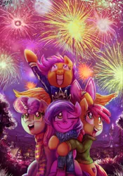 Size: 594x848 | Tagged: safe, artist:jowybean, derpibooru import, apple bloom, diamond tiara, scootaloo, sweetie belle, clothes, cutie mark crusaders, fireworks, happy, new year, scarf, smiling, sweater, tiaralove