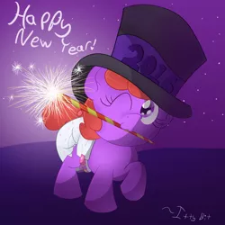 Size: 1280x1280 | Tagged: 2016, :3, artist:tapeysides, cute, derpibooru import, diaper, foal, hat, mouth hold, new year, oc, oc:itty bit, poofy diaper, raised hoof, safe, smiling, solo, sparkler (firework), sparklers, top hat, unofficial characters only, wink