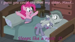 Size: 1280x720 | Tagged: safe, derpibooru import, edit, edited screencap, screencap, limestone pie, marble pie, maud pie, pinkie pie, earth pony, pony, hearthbreakers, bed, female, frown, mare, open mouth, pie family home, pink text, pun, purple text, screaming, side, smiling, text, wide eyes