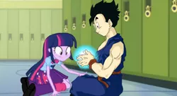 Size: 1280x694 | Tagged: safe, derpibooru import, twilight sparkle, equestria girls, crossover, crossover shipping, dragon ball z, energy, gohan, ki, shipping, study, twihan