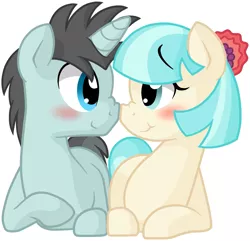 Size: 1771x1707 | Tagged: safe, artist:furrgroup, derpibooru import, coco pommel, neon lights, rising star, earth pony, pony, unicorn, blushing, boop, cocolights, crack shipping, cute, eye contact, female, male, mare, nose wrinkle, noseboop, prone, shipping, simple background, smiling, stallion, straight, white background