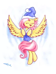 Size: 1024x1348 | Tagged: safe, artist:freeedon, derpibooru import, fluttershy, pegasus, pony, clothes, coat, eyes closed, female, happy, hat, hooves to the chest, jacket, mare, new year, on back, open mouth, santa hat, smiling, snow, snow angel, solo, spread wings, wings, winter outfit