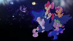 Size: 1366x768 | Tagged: safe, artist:raininess, derpibooru import, apple bloom, princess luna, scootaloo, spike, sweetie belle, alicorn, dragon, earth pony, pegasus, pony, unicorn, adorabloom, baby, baby dragon, cute, cutealoo, cutie mark, cutie mark crusaders, diasweetes, dream realm, female, filly, fireworks, looking up, lunabetes, male, mare, new year, smiling, spikabetes, the cmc's cutie marks