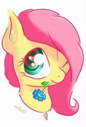 Size: 1024x1504 | Tagged: dead source, safe, artist:freeedon, derpibooru import, fluttershy, pony, bust, female, flower, flower in mouth, heart eyes, heart necklace, jewelry, looking at you, mare, mouth hold, necklace, one eye closed, portrait, simple background, solo, three quarter view, white background, wingding eyes, wink
