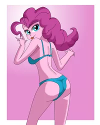 Size: 702x877 | Tagged: suggestive, artist:horsecat, derpibooru import, pinkie pie, equestria girls, ass, balloonbutt, blue underwear, bra, breasts, butt, clothes, female, lingerie, panties, sideboob, solo, solo female, underwear