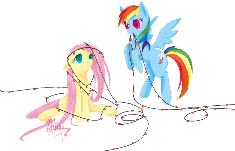 Size: 930x600 | Tagged: safe, artist:crystalsonatica, derpibooru import, fluttershy, rainbow dash, christmas lights