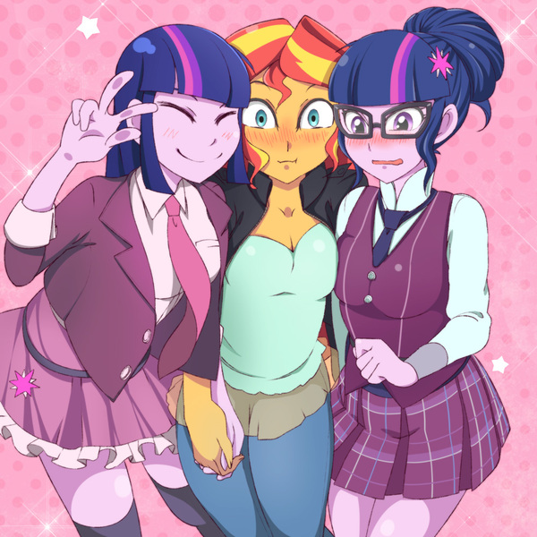 Size: 1000x1000 | Tagged: safe, artist:navitol, derpibooru import, sci-twi, sunset shimmer, twilight sparkle, equestria girls, friendship games, blushing, breasts, cleavage, clothes, counterparts, crystal prep academy uniform, cute, eyes closed, female, glasses, holding hands, kneesocks, lesbian, looking at you, necktie, open mouth, peace sign, polyamory, school uniform, scitwishimmer, scrunchy face, self paradox, self ponidox, shimmerbetes, shipping, smiling, socks, stars, sunset twiangle, sunsetsparkle, trio, twiabetes, twilight's counterparts, twolight