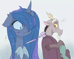 Size: 1600x1280 | Tagged: safe, artist:magnaluna, derpibooru import, discord, princess luna, draconequus, pony, blushing, chair, cute, dialogue, embarrassed, female, floppy ears, fluffy, frown, hair over one eye, looking back, lunabetes, lunacord, male, mare, pregnancy test, pregnant, shipping, straight, wide eyes