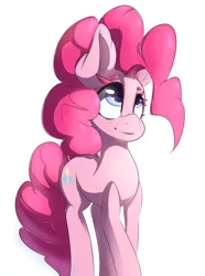 Size: 3127x4201 | Tagged: safe, artist:sourspot, derpibooru import, pinkie pie, earth pony, pony, female, looking up, mare, simple background, smiling, solo, standing, three quarter view, white background