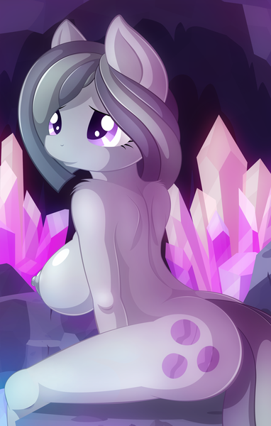 Size: 2800x4400 | Tagged: absurd resolution, adorable face, anthro, artist:whitmaverick, ass, big breasts, breasts, busty marble pie, cropped, cute, derpibooru import, edit, eyelashes, female, gem, happy, marblebetes, marble pie, nipples, nudity, questionable, shoulder fluff, sideboob, smiling, solo, solo female, stupid sexy marble pie