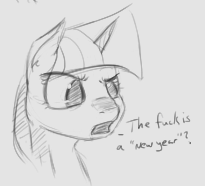 Size: 785x713 | Tagged: artist:post-it, derpibooru import, dialogue, monochrome, new year, safe, sketch, solo, twilight sparkle, vulgar