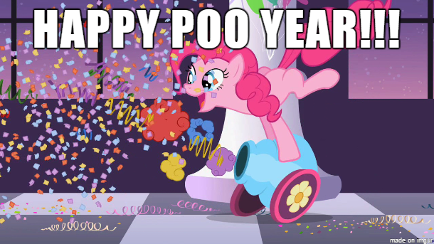 Size: 610x343 | Tagged: derpibooru import, image macro, meme, new year, pinkie pie, poop, safe