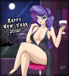 Size: 900x984 | Tagged: 2016, absolute cleavage, alcohol, artist:thebrokencog, big breasts, breasts, busty rarity, cleavage, clothes, derpibooru import, dress, eyeshadow, female, food, full moon, happy new year, happy new year 2016, high heels, human, humanized, little black dress, looking at you, makeup, rarity, sexy, solo, solo female, suggestive, wine