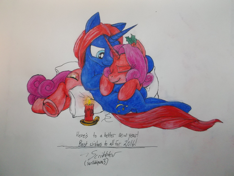 Size: 4288x3216 | Tagged: safe, artist:scribblepwn3, derpibooru import, oc, oc:midnight scribbler, oc:sunset glow, unofficial characters only, pony, unicorn, candle, cuddling, holly, new year, pen drawing, snuggling, traditional art, watercolor painting