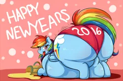 Size: 1800x1191 | Tagged: suggestive, artist:graphenescloset, derpibooru import, rainbow dash, alcohol, ass, blushing, cider, clothes, fat, female, food, happy new year, happy new year 2016, huge butt, impossibly large butt, large butt, morbidly obese, obese, panties, plot, rainblob dash, rainbutt dash, solo, solo female, the ass was fat, tongue out, underwear