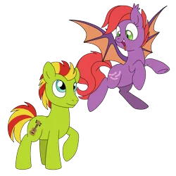 Size: 1111x1111 | Tagged: safe, artist:perfectpinkwater, derpibooru import, ponified, bat pony, earth pony, pony, flying, laylee, looking at each other, open mouth, yooka, yooka-laylee