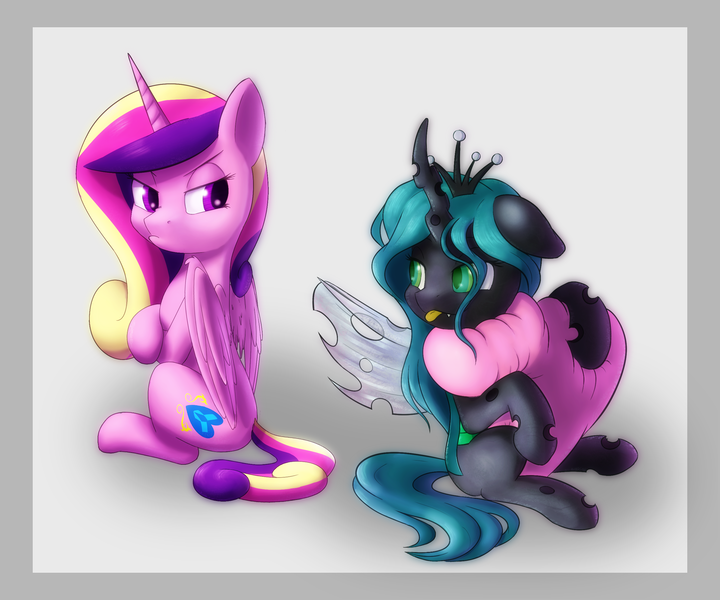 Size: 2640x2200 | Tagged: safe, artist:whazzam95, derpibooru import, princess cadance, queen chrysalis, alicorn, changeling, changeling queen, nymph, pony, angry, cute, cutealis, cutedance, duo, duo female, female, grumpy, heart, looking at each other, madorable, tongue out