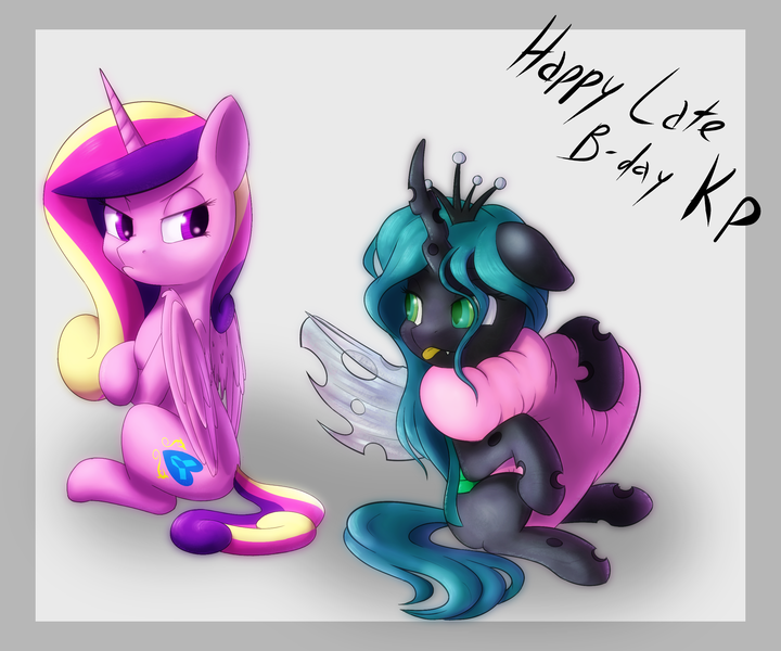 Size: 2640x2200 | Tagged: safe, artist:whazzam95, derpibooru import, princess cadance, queen chrysalis, heart, tongue out