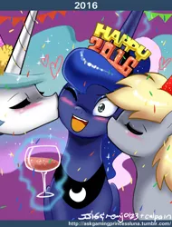 Size: 600x791 | Tagged: safe, artist:johnjoseco, derpibooru import, derpy hooves, princess celestia, princess luna, pegasus, pony, ask gaming princess luna, 2016, alcohol, blushing, confetti, derpycestuna, drink, eyes closed, female, happy new year, happy new year 2016, hat, heart, incest, kiss on the cheek, kiss sandwich, kissing, lesbian, levitation, lunaderp, magic, mare, one eye closed, party hat, princest, shipping, telekinesis