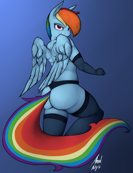 Size: 1850x2400 | Tagged: anthro, artist:almondhusky, clothes, derpibooru import, fat ass, female, lingerie, panties, questionable, rainbow dash, socks, solo, solo female, thigh highs, underwear