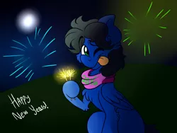 Size: 1400x1050 | Tagged: safe, artist:kittensneezikuns, derpibooru import, oc, oc:sweet sound, unofficial characters only, pegasus, pony, adorable face, big ears, chest fluff, clothes, cute, ear fluff, femboy, fireworks, happy, happy new year, happy new year 2016, long mane, male, moon, outdoors, ponysona, raised eyebrow, scarf, smiling, solo, sparkler (firework), tongue out, wink