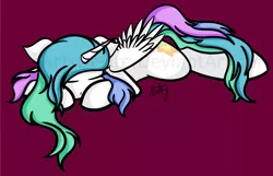 Size: 1024x658 | Tagged: artist:iamartsdesire, derpibooru import, eyes closed, princess celestia, prone, safe, simple background, sleeping, solo, watermark