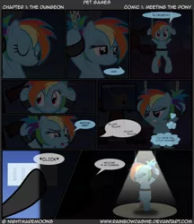 Size: 1600x1854 | Tagged: suggestive, artist:nightmaremoons, derpibooru import, rainbow dash, pegasus, pony, comic:pet games, alternate hairstyle, ballgag, bdsm, bondage, chained, comic, cover, dashsub, femsub, gag, nonconsensual, rainbond dash, submissive