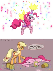 Size: 1259x1664 | Tagged: alcohol, applejack, artist:sunbusting, cider, comic, concerned, confetti, derpibooru import, drunk, drunkie pie, fireworks, food, hangover, hatless, missing accessory, pinkamena diane pie, pinkie pie, safe