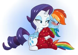 Size: 1280x908 | Tagged: safe, artist:hidden-cat, derpibooru import, rainbow dash, rarity, blushing, clothes, cuddling, cute, dashabetes, eyeshadow, female, footed sleeper, hug, hug from behind, lesbian, makeup, one eye closed, pajamas, raribetes, raridash, shipping, sitting, snuggling, wavy mouth