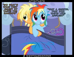 Size: 1600x1234 | Tagged: suggestive, artist:nightmaremoons, derpibooru import, applejack, rainbow dash, earth pony, pegasus, pony, alternate hairstyle, appledash, bed, bondage, bondage gear, female, implied cunnilingus, implied oral, implied sex, lesbian, mare, pillow, shipping, show accurate, show accurate porn