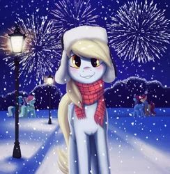 Size: 2300x2353 | Tagged: safe, artist:mrscroup, derpibooru import, bon bon, derpy hooves, lyra heartstrings, sweetie drops, trixie, pegasus, pony, clothes, cute, female, fireworks, hat, lamppost, looking at you, mare, scarf, smiling, snow, snowfall, winter