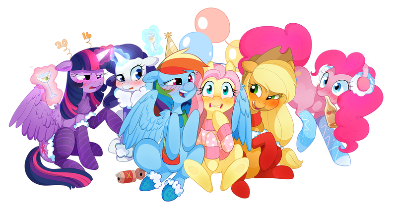 Size: 1320x690 | Tagged: safe, artist:aidapone, derpibooru import, applejack, fluttershy, pinkie pie, rainbow dash, rarity, twilight sparkle, twilight sparkle (alicorn), alicorn, pony, 2016, alcohol, balloon, blushing, bottle, bottomless, cans, champagne, clothes, cocktail, drunk, drunk aj, drunk rarity, drunk twilight, drunker dash, drunkershy, drunkie pie, earmuffs, female, floppy ears, food, hard cider, hat, hug, magic, mane six, mare, new year, partial nudity, party hat, scarf, socks, striped socks, sweater, sweatershy, telekinesis, winghug