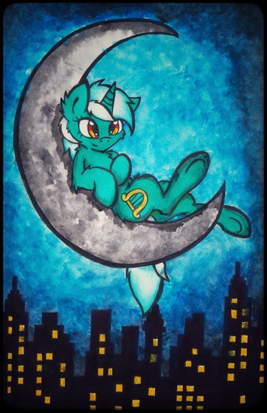 Size: 1579x2443 | Tagged: artist:canvymamamoo, city, cityscape, derpibooru import, fluffy, lyra heartstrings, moon, night, safe, skyline, solo, tangible heavenly object, traditional art